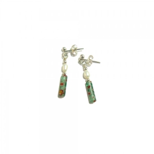 Green Floral Millefiori and Freshwater Pearl Drop Earrings Green Floral Millefiori and Freshwater Pearl Drop Earrings